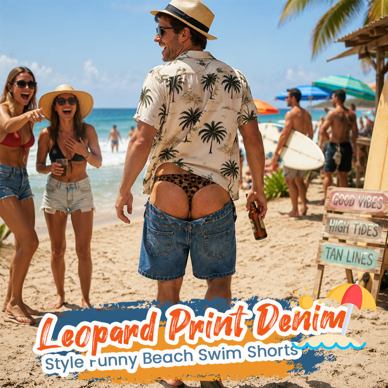 Lustige Strand-Badehose aus Denim mit Leopardenmuster