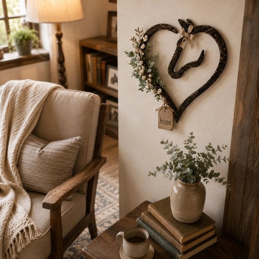 Rustikale Wanddekoration in Form eines Pferdeherzens mit Grünpflanzen – Wohnaccessoire im Farmhouse-Stil mit Pferdemotiv