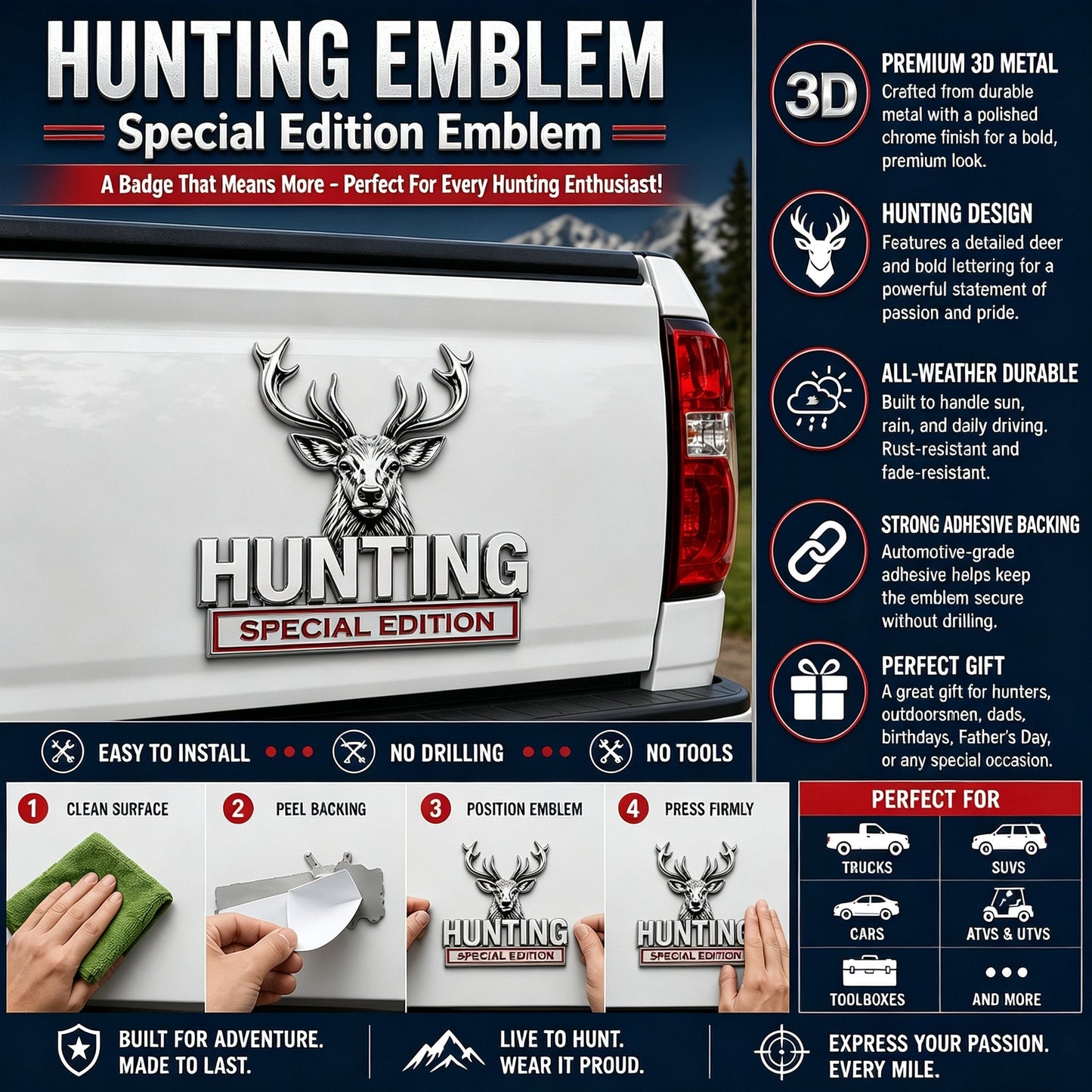 🦌 HUNTING Special Edition Emblem – Hochwertiges 3D-Metall-Autoemblem für Jagdbegeisterte