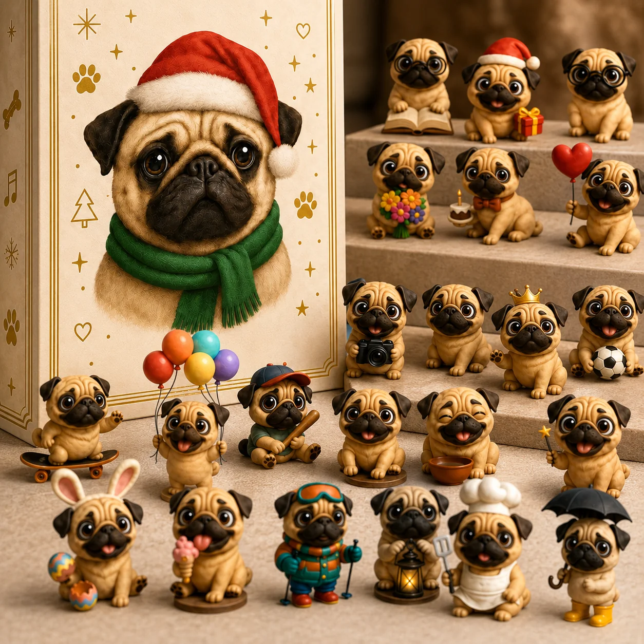 🐶 24-Tage-Mops-Adventskalender 2026 – 24 niedliche Mops-Figuren für den Weihnachts-Countdown