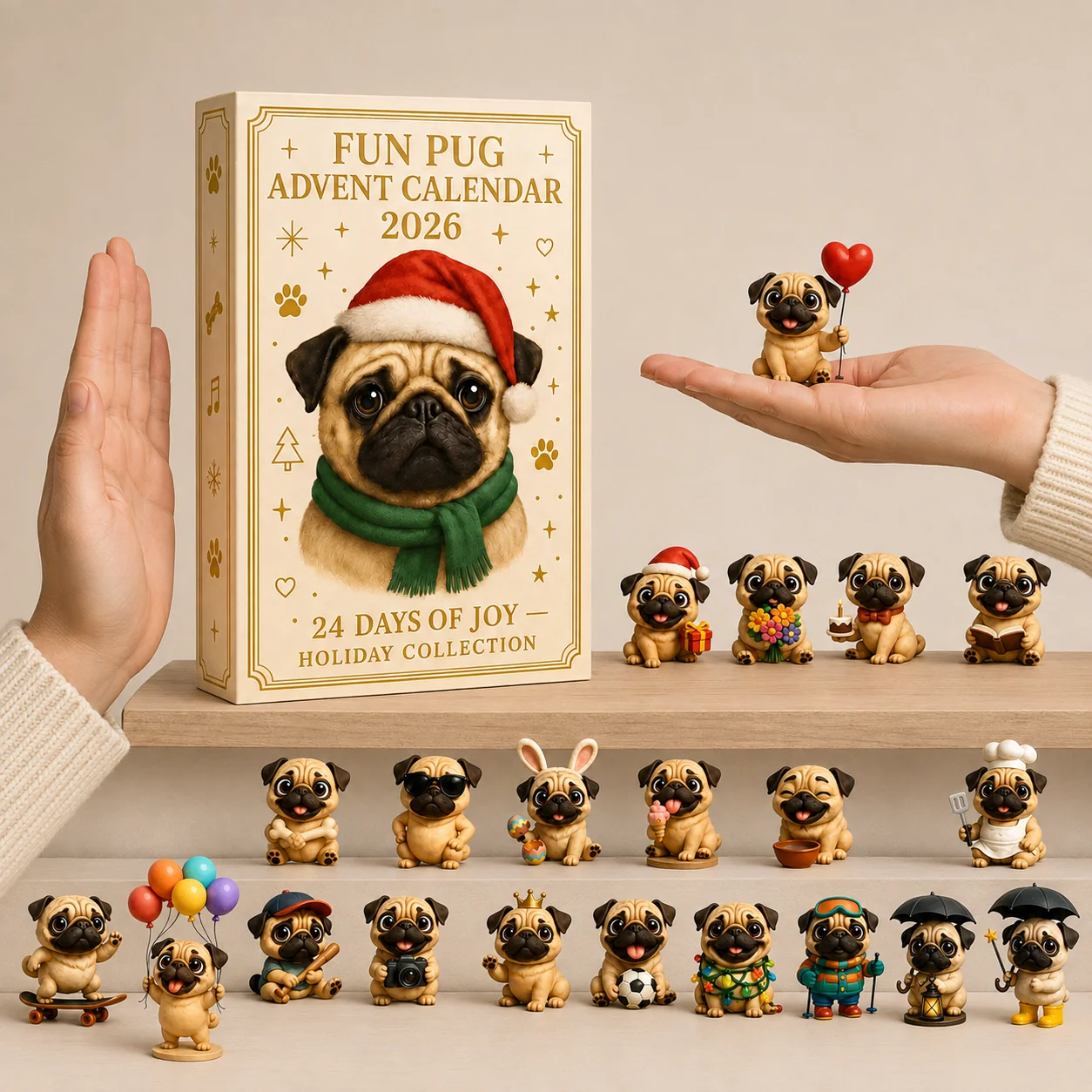 🐶 24-Tage-Mops-Adventskalender 2026 – 24 niedliche Mops-Figuren für den Weihnachts-Countdown
