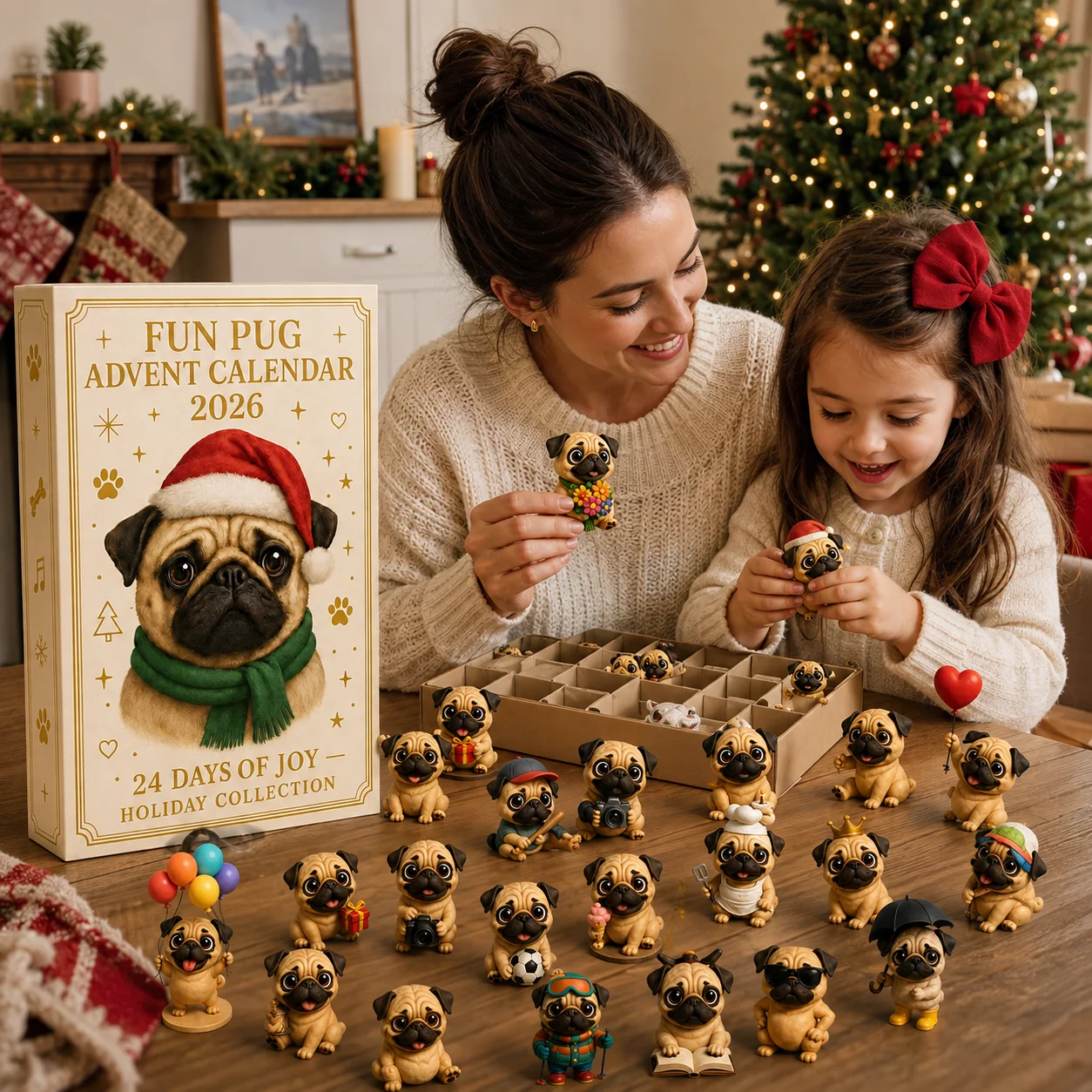 🐶 24-Tage-Mops-Adventskalender 2026 – 24 niedliche Mops-Figuren für den Weihnachts-Countdown