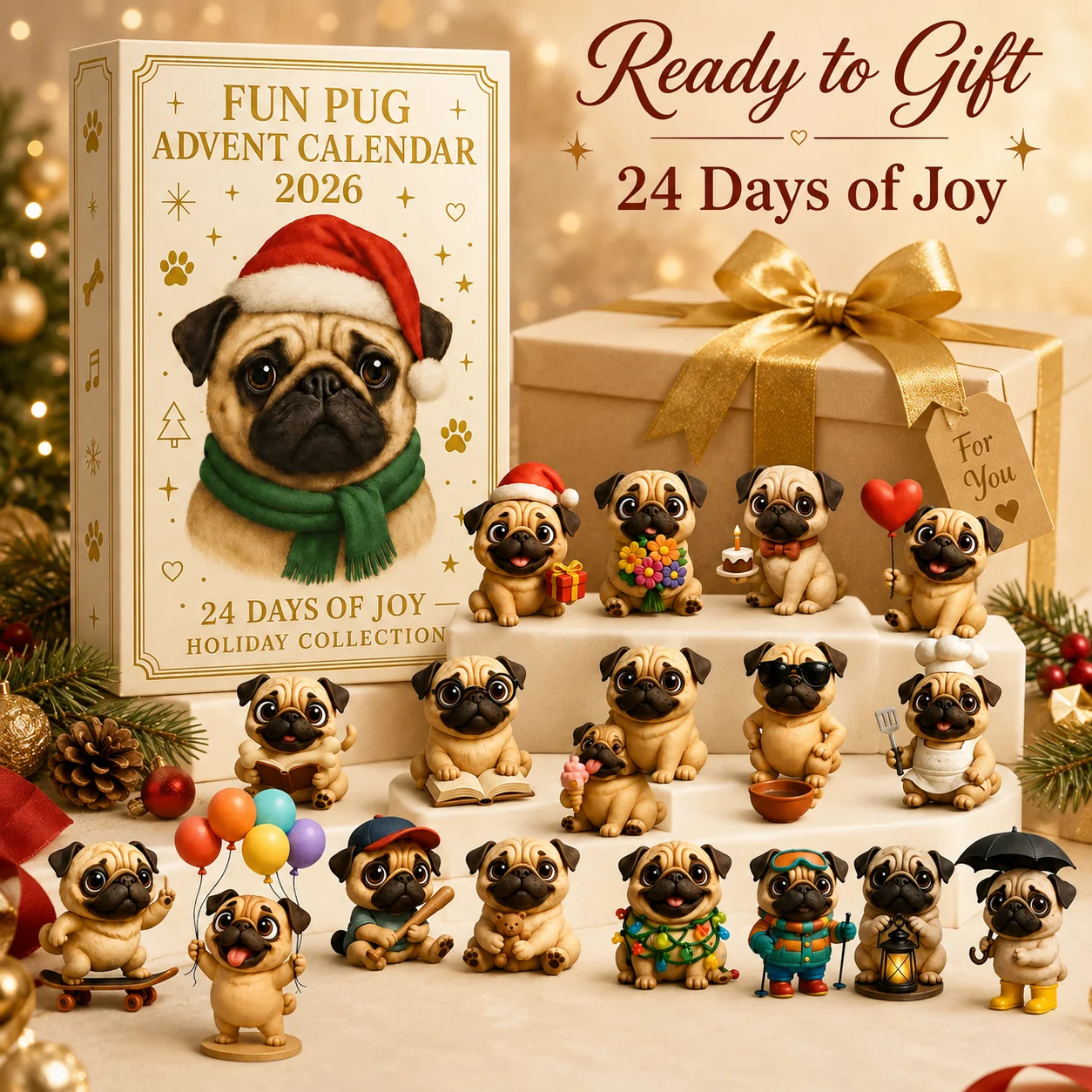 🐶 24-Tage-Mops-Adventskalender 2026 – 24 niedliche Mops-Figuren für den Weihnachts-Countdown