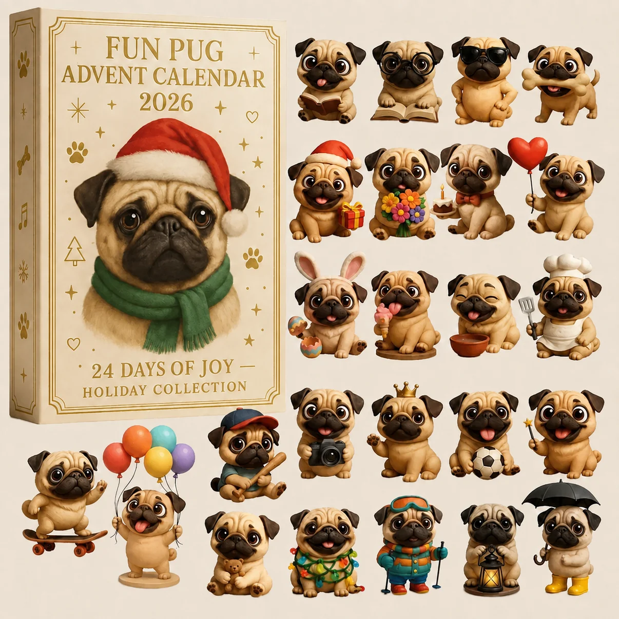 🐶 24-Tage-Mops-Adventskalender 2026 – 24 niedliche Mops-Figuren für den Weihnachts-Countdown