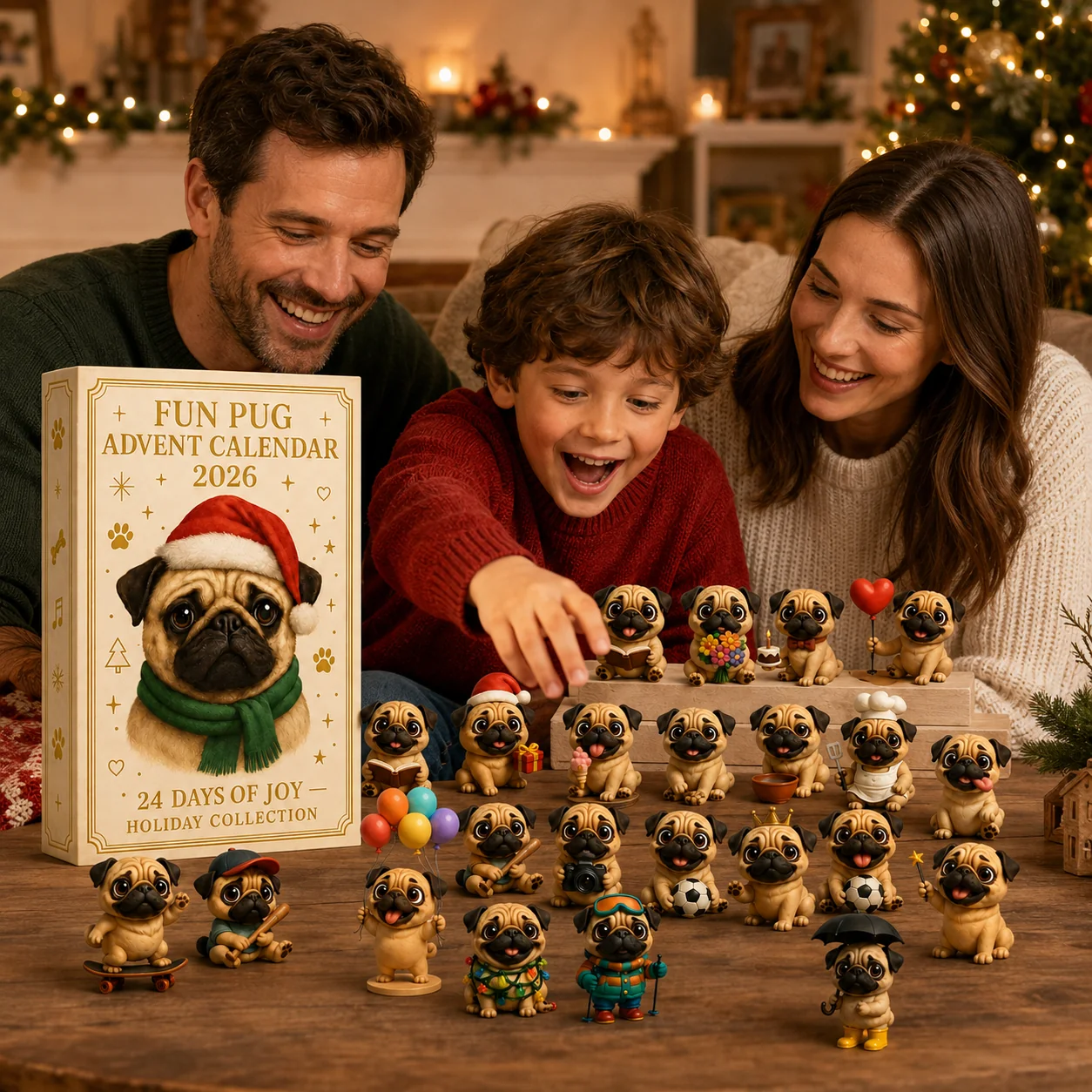 🐶 24-Tage-Mops-Adventskalender 2026 – 24 niedliche Mops-Figuren für den Weihnachts-Countdown